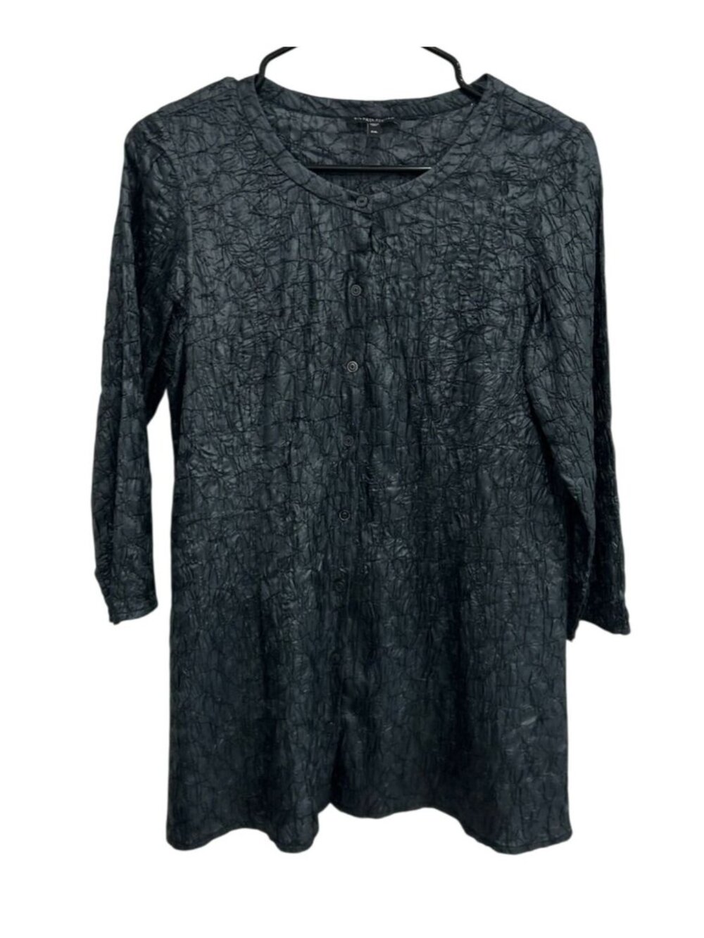 Eileen Fisher Medium Petite Black Crinkled Silk Long Sleeve Blouse Minimalist